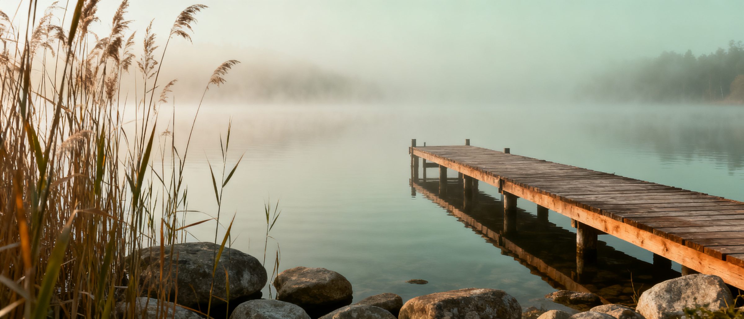 Morning light on a quiet lake with mist over the water