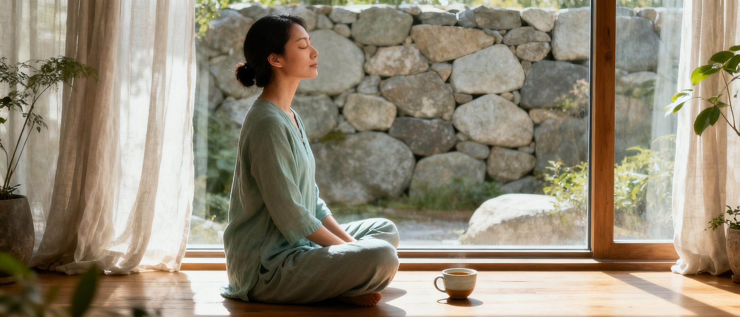 A person sitting by a sunlit window with eyes closed, breathing slowly, a cup of tea beside them